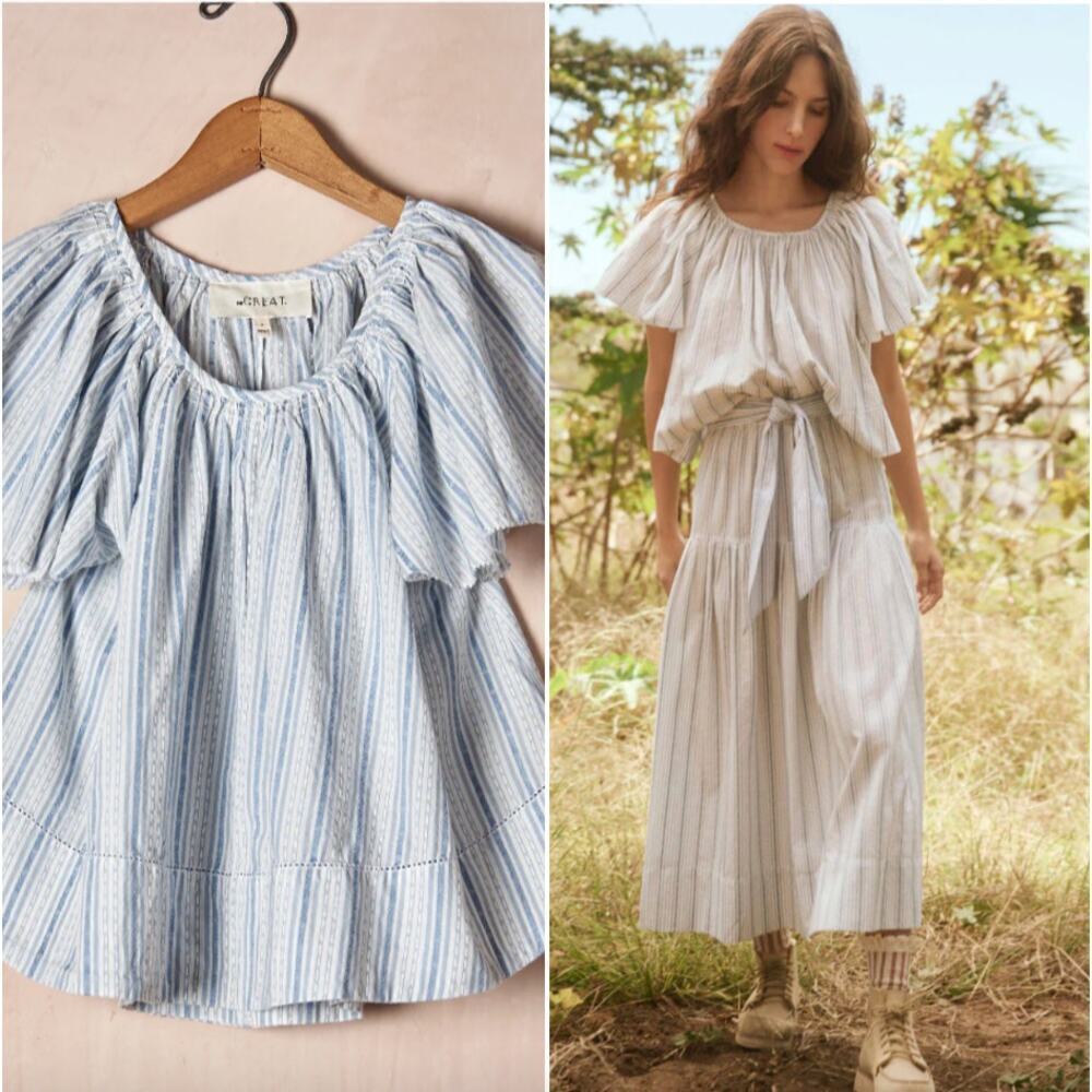 NWT $275  THE GREAT. The Dale Flutter Sleeve Crop Top In Saltwater Stripe